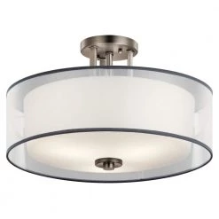 Tallie 3-Light Antique Pewter Drum Hallway Semi-Flush Mount Ceiling Light with Translucent Organza Outer Shade by KICHLER