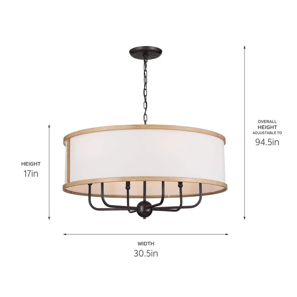 Heddle 6-Light Anvil Iron and Beech Vintage Dining Room Chandelier with Fabric Shade by KICHLER 8 Heddle 6-Light Anvil Iron and Beech Vintage Dining Room Chandelier with Fabric Shade by KICHLER - Image 6