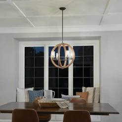 Grand Bank 4-Light Auburn Stained Wood and Distressed Black Metal Farmhouse Dining Room Globe Chandelier by KICHLER -Kichler Sales auburn stain black kichler chandeliers 43185aub fa 1000