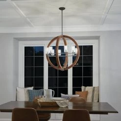 Grand Bank 8-Light Auburn Stained Wood and Distressed Black Metal Farmhouse Dining Room Globe Chandelier by KICHLER -Kichler Sales auburn stain black kichler chandeliers 43190aub fa 1000