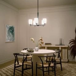 Shailene 5-Light Black Transitional Dining Room Chandelier with Satin Etched Glass Shade by KICHLER -Kichler Sales black kichler chandeliers 43671bk fa 1000