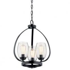 Tuscany 3-Light Black Farmhouse Dining Room Mini Cage Chandelier with Clear Seeded Glass Shade by KICHLER -Kichler Sales black kichler chandeliers 44059bk c3 1000