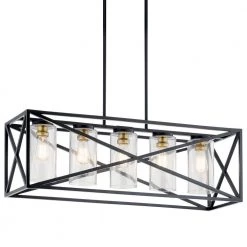 Moorgate 5-Light Black Farmhouse Dining Room Rectangle Cage Linear Chandelier with Clear Glass Shade by KICHLER -Kichler Sales black kichler chandeliers 44081bk 1f 1000