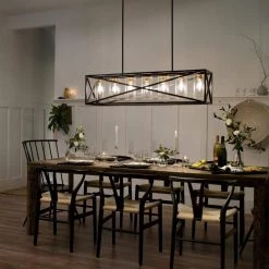 Moorgate 5-Light Black Farmhouse Dining Room Rectangle Cage Linear Chandelier with Clear Glass Shade by KICHLER -Kichler Sales black kichler chandeliers 44081bk 4f 1000