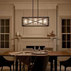 Moorgate 5-Light Black Farmhouse Dining Room Rectangle Cage Linear Chandelier with Clear Glass Shade by KICHLER -Kichler Sales black kichler chandeliers 44081bk 76 1000