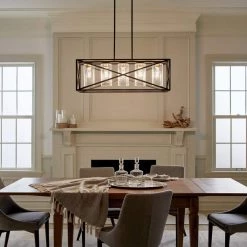 Moorgate 5-Light Black Farmhouse Dining Room Rectangle Cage Linear Chandelier with Clear Glass Shade by KICHLER -Kichler Sales black kichler chandeliers 44081bk fa 1000