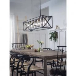 Moorgate 7-Light Black Farmhouse Dining Room Rectangle Cage Linear Chandelier with Clear Glass Shade by KICHLER -Kichler Sales black kichler chandeliers 44082bk 4f 1000