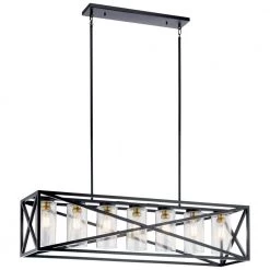 Moorgate 7-Light Black Farmhouse Dining Room Rectangle Cage Linear Chandelier with Clear Glass Shade by KICHLER