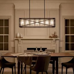Moorgate 7-Light Black Farmhouse Dining Room Rectangle Cage Linear Chandelier with Clear Glass Shade by KICHLER -Kichler Sales black kichler chandeliers 44082bk 76 1000