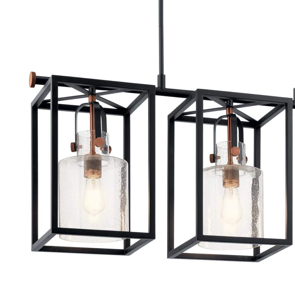 Kitner 3-Light Black Vintage Industrial Dining Room Linear Cage Chandelier with Clear Seeded Glass Shade by KICHLER 8 Kitner 3-Light Black Vintage Industrial Dining Room Linear Cage Chandelier with Clear Seeded Glass Shade by KICHLER - Image 6