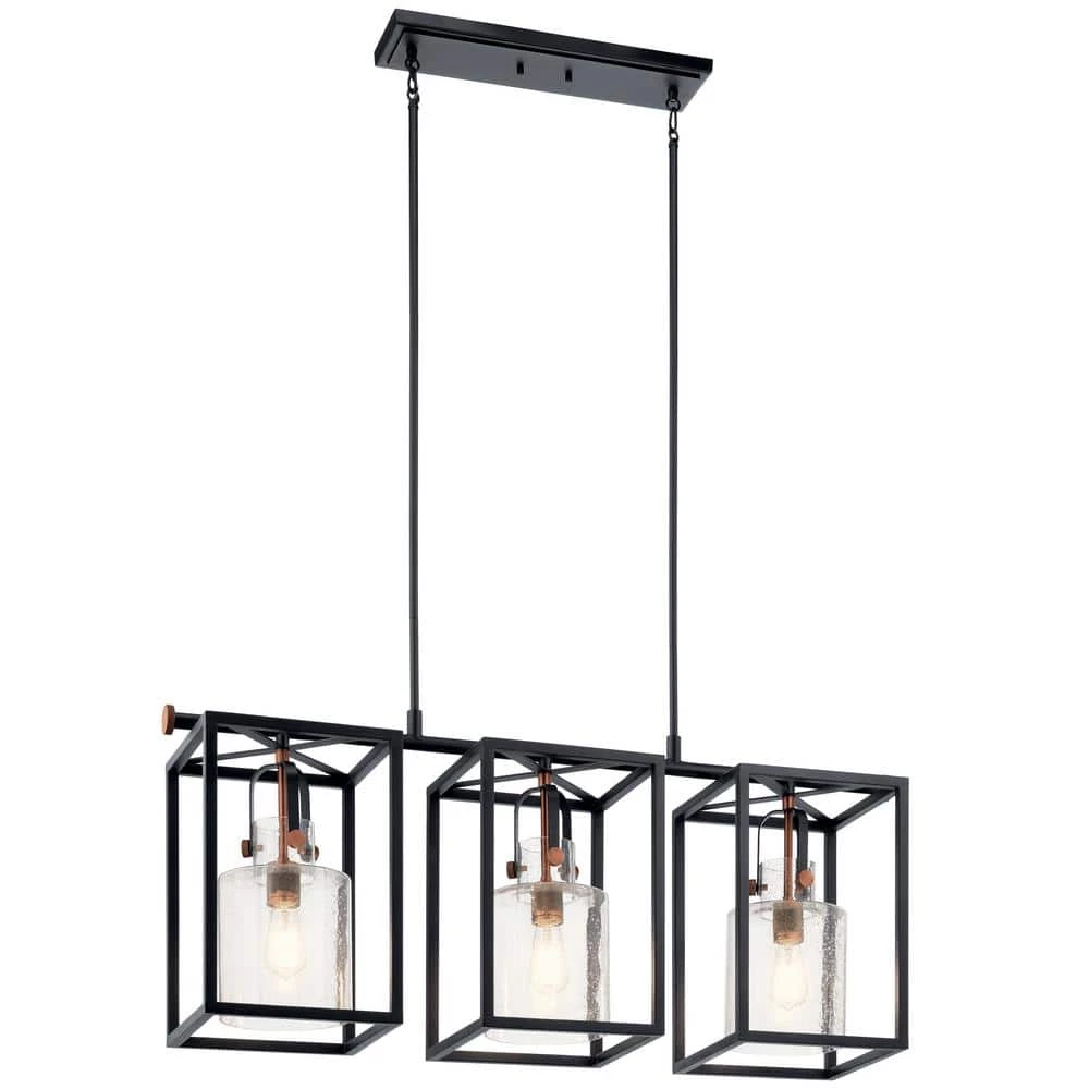 Kitner 3-Light Black Vintage Industrial Dining Room Linear Cage Chandelier with Clear Seeded Glass Shade by KICHLER 3 Kitner 3-Light Black Vintage Industrial Dining Room Linear Cage Chandelier with Clear Seeded Glass Shade by KICHLER