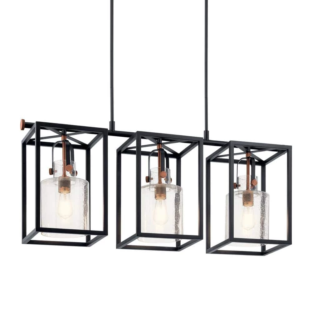 Kitner 3-Light Black Vintage Industrial Dining Room Linear Cage Chandelier with Clear Seeded Glass Shade by KICHLER 6 Kitner 3-Light Black Vintage Industrial Dining Room Linear Cage Chandelier with Clear Seeded Glass Shade by KICHLER - Image 4