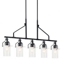 Everett 5-Light Black Vintage Industrial Dining Room Linear Chandelier with Clear Glass by KICHLER -Kichler Sales black kichler chandeliers 52379bk 4f 1000