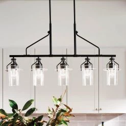 Everett 5-Light Black Vintage Industrial Dining Room Linear Chandelier with Clear Glass by KICHLER -Kichler Sales black kichler chandeliers 52379bk 76 1000
