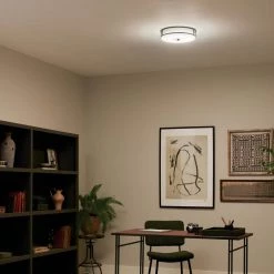 Ceiling Space 13.25 in. 1-Light Black Integrated LED Hallway Drum Flush Mount Ceiling Light with Opal Etched Glass by KICHLER -Kichler Sales black kichler flush mount lights 42379bkledr 1f 1000