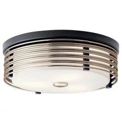 Bensimone 15.25 in. 2-Light Black Hallway DrumFlush Mount Ceiling Light with Satin Etched Cased Opal by KICHLER