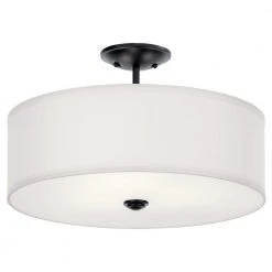 Shailene 18 in. Round 3-Light Black Drum Hallway Semi-Flush Mount Ceiling Light with White Microfiber Shade by KICHLER