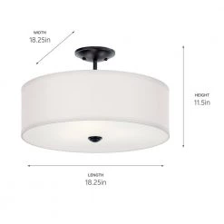 Shailene 18 in. Round 3-Light Black Drum Hallway Semi-Flush Mount Ceiling Light with White Microfiber Shade by KICHLER -Kichler Sales black kichler flush mount lights 43692bk fa 1000