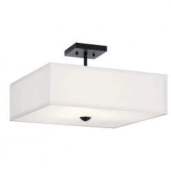 Shailene 18 in. Square 3-Light Black Drum Hallway Semi-Flush Mount Ceiling Light with White Microfiber Shade by KICHLER