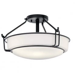 Alkire 16.5 in. 3-Light Black Drum Hallway Semi-Flush Mount Ceiling Light with Satin Etched Glass by KICHLER