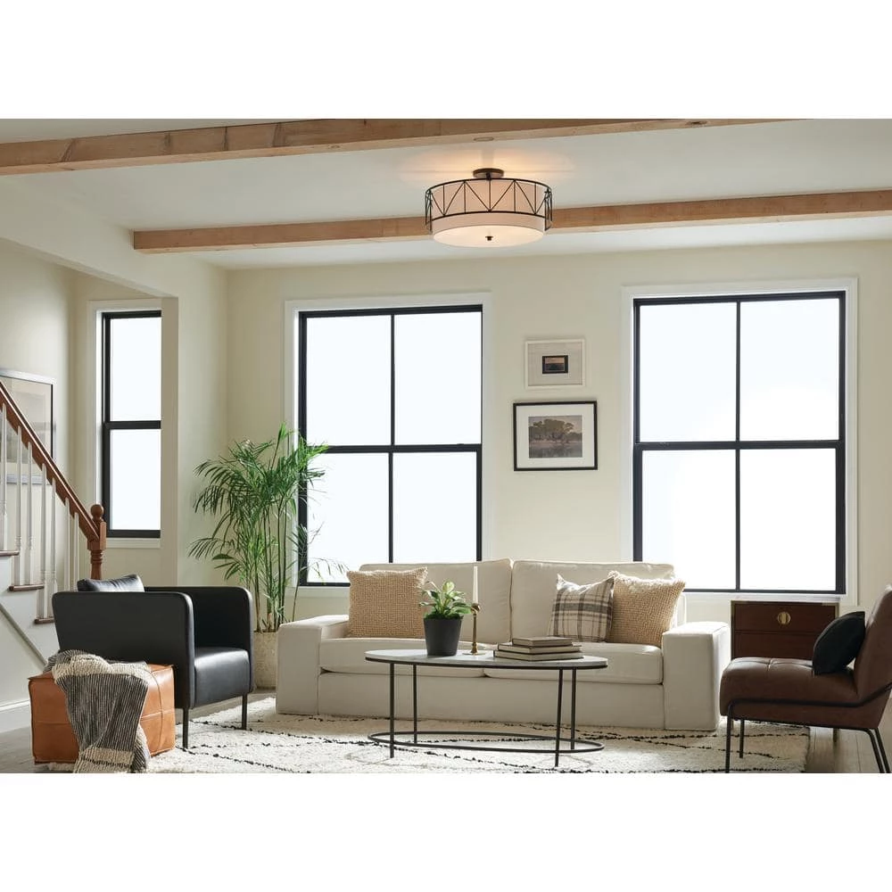 Birkleigh 24 in. 4-Light Black Drum Hallway Semi-Flush Mount Ceiling Light with Satin Etched Glass by KICHLER 4 Birkleigh 24 in. 4-Light Black Drum Hallway Semi-Flush Mount Ceiling Light with Satin Etched Glass by KICHLER - Image 2