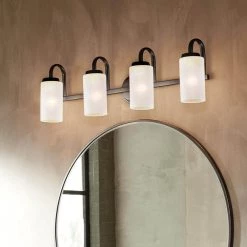 Kennewick 32 in. 4-Light Black Bathroom Vanity Light with Etched Glass by KICHLER -Kichler Sales black kichler vanity lighting 55088bk 1d 1000