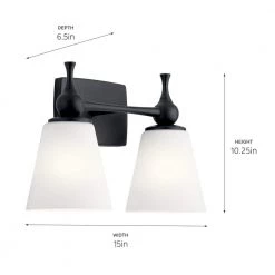 Cosabella 15 in. 2-Light Black Bathroom Vanity Light with Satin Etched Cased Opal Glass by KICHLER 16 Cosabella 15 in. 2-Light Black Bathroom Vanity Light with Satin Etched Cased Opal Glass by KICHLER -Kichler Sales black kichler vanity lighting 55091bk 44 1000