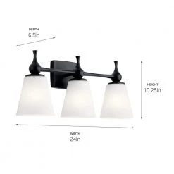 Cosabella 24 in. 3-Light Black Bathroom Vanity Light with Satin Etched Cased Opal Glass by KICHLER -Kichler Sales black kichler vanity lighting 55092bk 44 1000