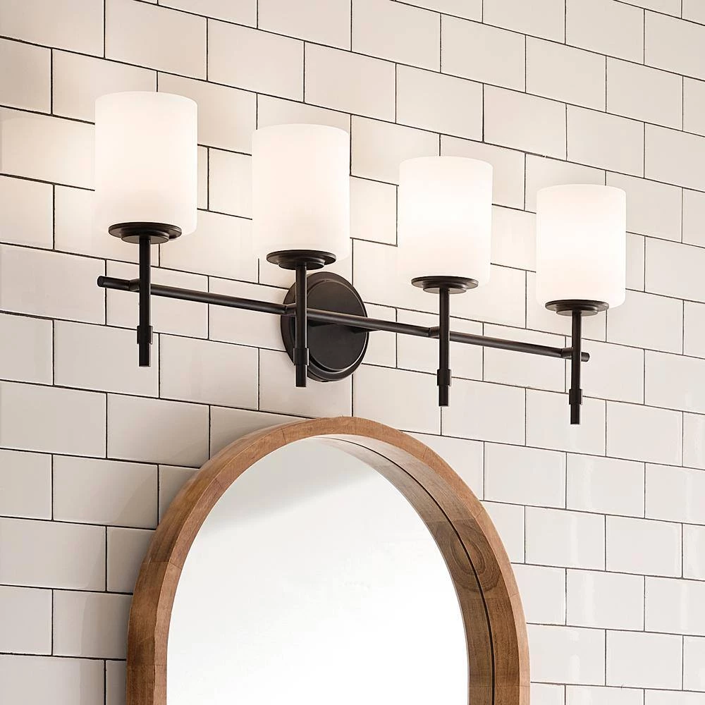 Ali 32.5 in. 4-Light Black Bathroom Vanity Light with Satin Etched Case Opal Glass Shades by KICHLER 5 Ali 32.5 in. 4-Light Black Bathroom Vanity Light with Satin Etched Case Opal Glass Shades by KICHLER - Image 3