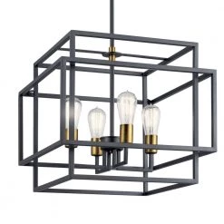 Taubert 4-Light Black/Natural Brass Mid-Century Modern Foyer Pendant Hanging Light by KICHLER -Kichler Sales black natural brass kichler chandeliers 43984bk 4f 1000