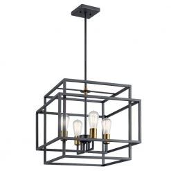 Taubert 4-Light Black/Natural Brass Mid-Century Modern Foyer Pendant Hanging Light by KICHLER