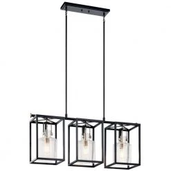 Kitner 3-Light Black with Polished Nickel Vintage Industrial Dining Room Linear Chandelier with Clear Seeded Glass Shade by KICHLER