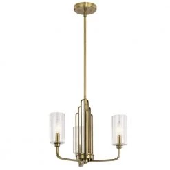 Kimrose 3-Lights Brushed Natural Brass Art Deco Dining Room Chandelier with Clear Fluted Glass by KICHLER