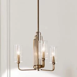 Kimrose 3-Lights Brushed Natural Brass Art Deco Dining Room Chandelier with Clear Fluted Glass by KICHLER -Kichler Sales brushed natural brass kichler chandeliers 52410bnb 76 1000