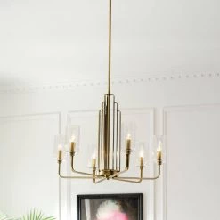 Kimrose 6-Lights Brushed Natural Brass Art Deco Dining Room Chandelier with Clear Fluted Glass by KICHLER -Kichler Sales brushed natural brass kichler chandeliers 52411bnb 76 1000