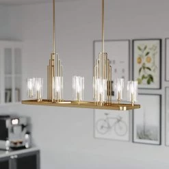 Kimrose 10-Light Brushed Natural Brass Art Deco Dining Room Linear Chandelier with Clear Fluted Glass by KICHLER -Kichler Sales brushed natural brass kichler chandeliers 52413bnb 76 1000