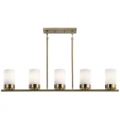 Ciona 43 in. 5-Light Brushed Natural Brass Art Deco Dining Room Linear Chandelier with Round Ribbed Glass by KICHLER -Kichler Sales brushed natural brass kichler chandeliers 52430bnb 4f 1000