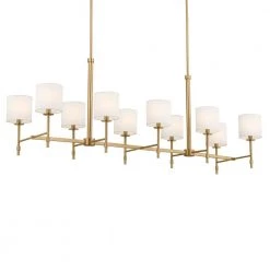 Ali 10-Light Brushed Natural Brass Traditional Dining Room Linear Chandelier with White Fabric Shades by KICHLER -Kichler Sales brushed natural brass kichler chandeliers 52503bnb 1f 1000