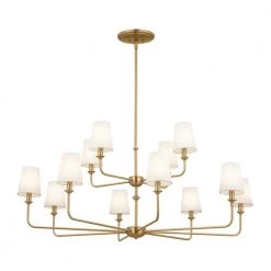 Pallas 12-Light Brushed Natural Brass Traditional Dining Room 2-Tier Chandelier with White Fabric Shades by KICHLER