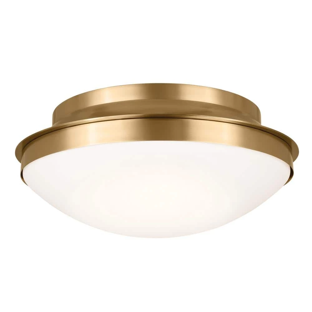 Bretta 17.75 in. 3-Light Brushed Natural Brass Traditional Hallway Flush Mount Ceiling Light with Satin Etched Glass by KICHLER 3 Bretta 17.75 in. 3-Light Brushed Natural Brass Traditional Hallway Flush Mount Ceiling Light with Satin Etched Glass by KICHLER