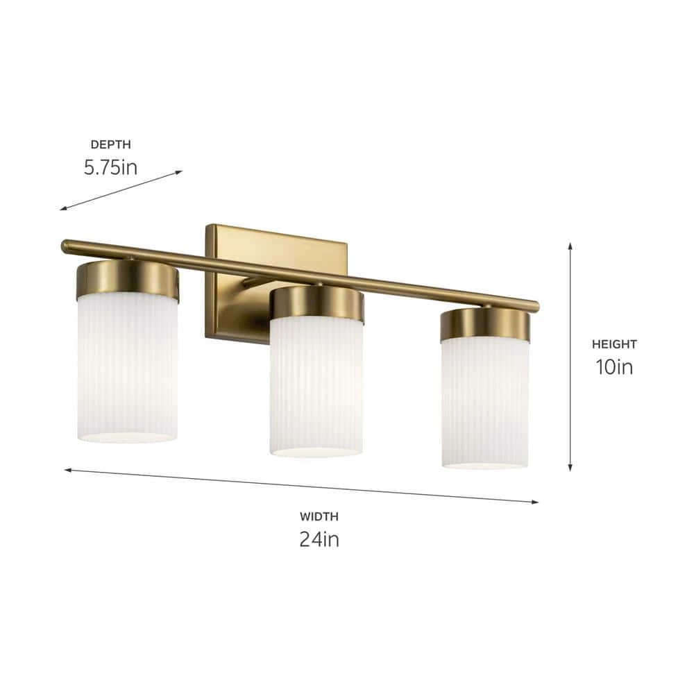 Ciona 24 in. 3-Light Brushed Natural Brass Bathroom Vanity Light with Round Ribbed Glass by KICHLER 9 Ciona 24 in. 3-Light Brushed Natural Brass Bathroom Vanity Light with Round Ribbed Glass by KICHLER - Image 7