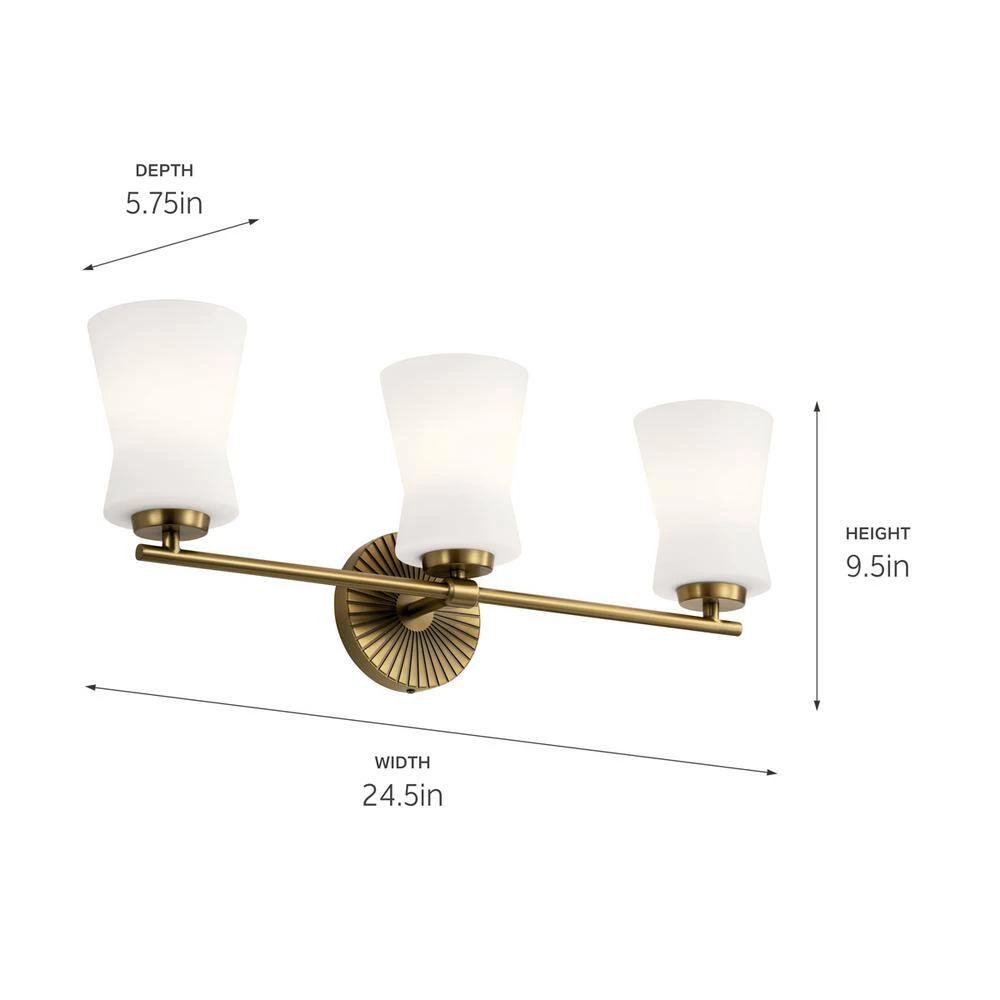 Brianne 24.5 in. 3-Light Brushed Natural Brass Bathroom Vanity Light with Satin Etched Cased Opal Glass by KICHLER 9 Brianne 24.5 in. 3-Light Brushed Natural Brass Bathroom Vanity Light with Satin Etched Cased Opal Glass by KICHLER - Image 7