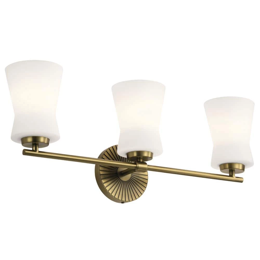Brianne 24.5 in. 3-Light Brushed Natural Brass Bathroom Vanity Light with Satin Etched Cased Opal Glass by KICHLER 3 Brianne 24.5 in. 3-Light Brushed Natural Brass Bathroom Vanity Light with Satin Etched Cased Opal Glass by KICHLER