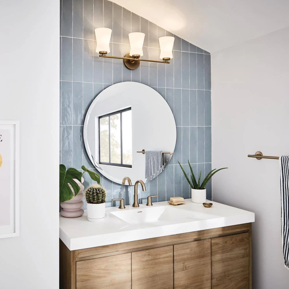 Brianne 24.5 in. 3-Light Brushed Natural Brass Bathroom Vanity Light with Satin Etched Cased Opal Glass by KICHLER 4 Brianne 24.5 in. 3-Light Brushed Natural Brass Bathroom Vanity Light with Satin Etched Cased Opal Glass by KICHLER - Image 2