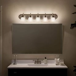 Independence 36 in. 5-Light Brushed Nickel Bathroom Vanity Light with Frosted Glass Shade by KICHLER -Kichler Sales brushed nickel 1 kichler vanity lighting 5339nis fa 1000
