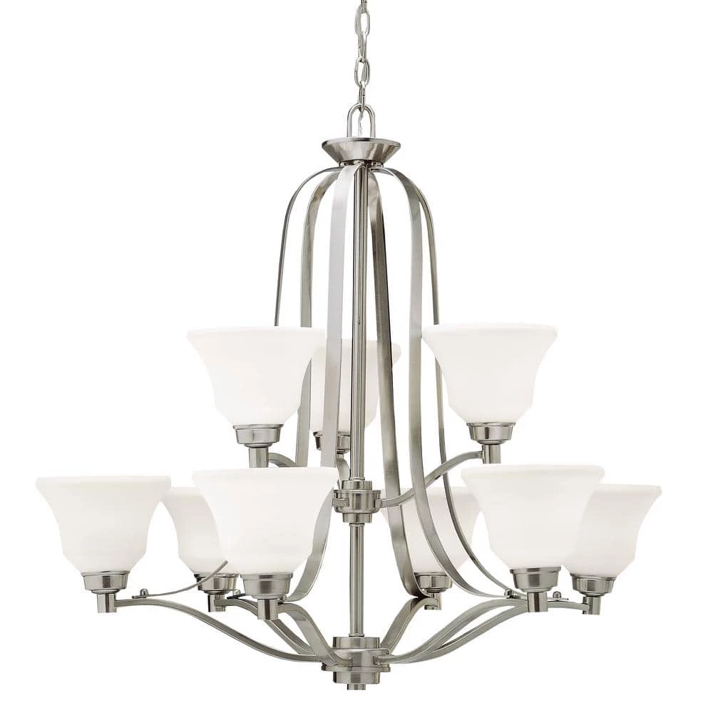 Langford 9-Light Brushed Nickel 2 Tier Transitional Dining Room Chandelier with White Etched Glass Shade by KICHLER 3 Langford 9-Light Brushed Nickel 2 Tier Transitional Dining Room Chandelier with White Etched Glass Shade by KICHLER