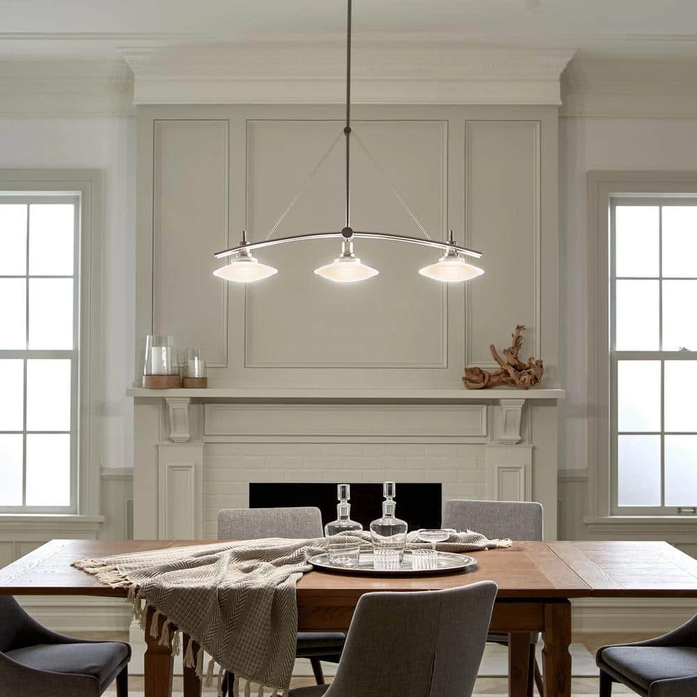 Structures 3-Light Brushed Nickel Contemporary Dining Room Linear Chandelier with White Etched Glass Shade by KICHLER 4 Structures 3-Light Brushed Nickel Contemporary Dining Room Linear Chandelier with White Etched Glass Shade by KICHLER - Image 2