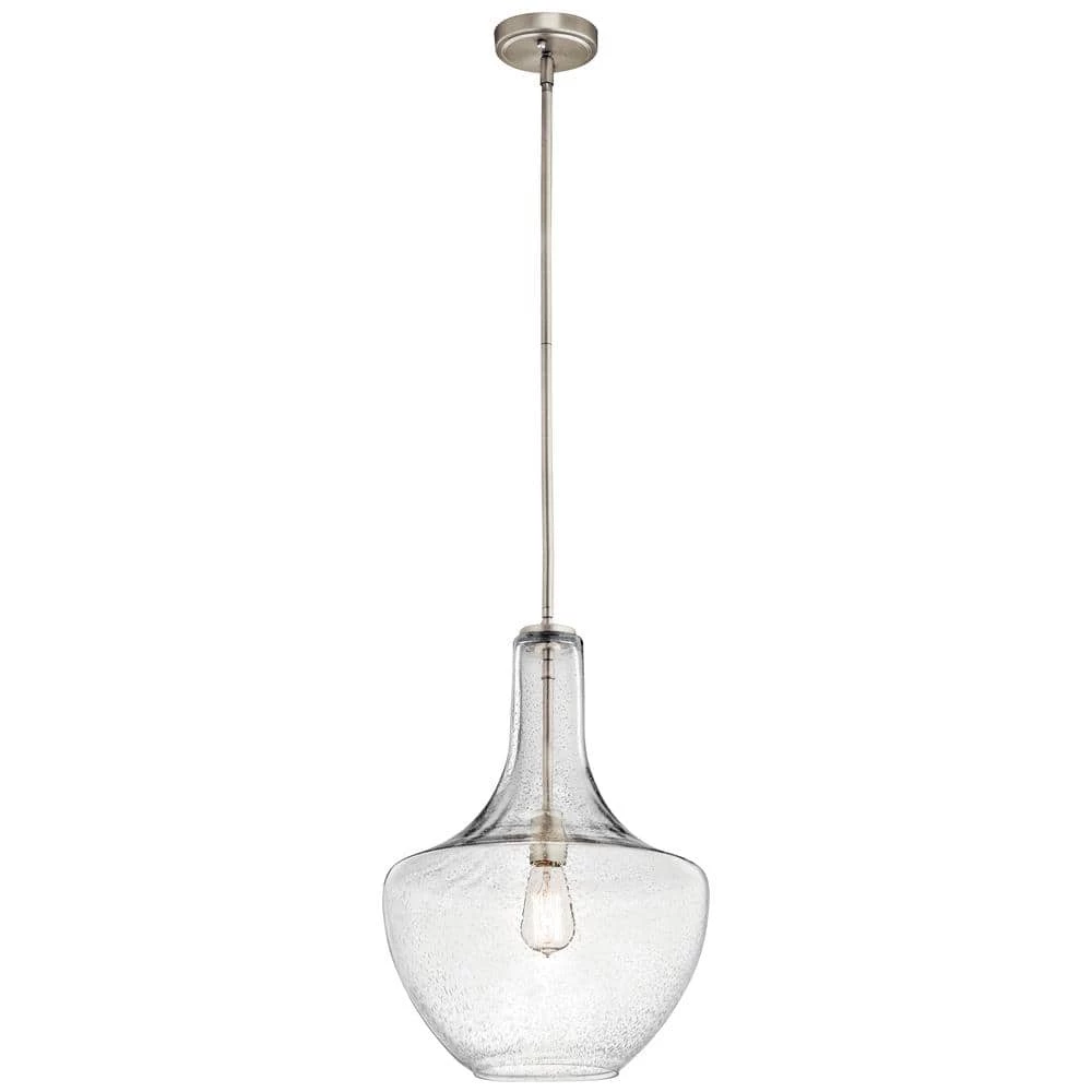 Everly 19.75 in. 1-Light Brushed Nickel Transitional Kitchen Bell Pendant Hanging Light with Clear Seeded Glass by KICHLER 2 Everly 19.75 in. 1-Light Brushed Nickel Transitional Kitchen Bell Pendant Hanging Light with Clear Seeded Glass by KICHLER