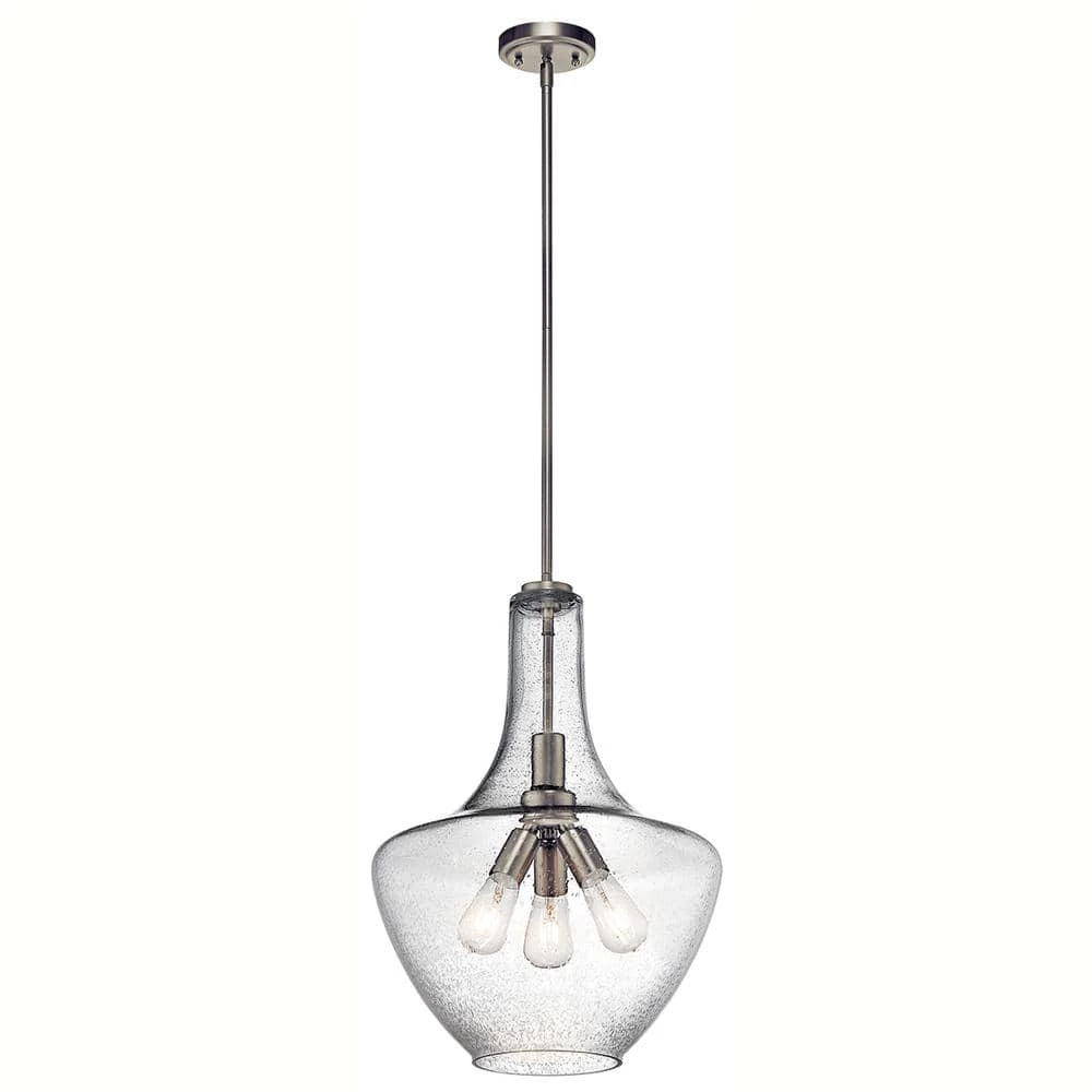 Everly 22.75 in. 3-Light Brushed Nickel Transitional Kitchen Bell Pendant Hanging Light with Clear Seeded Glass by KICHLER 3 Everly 22.75 in. 3-Light Brushed Nickel Transitional Kitchen Bell Pendant Hanging Light with Clear Seeded Glass by KICHLER