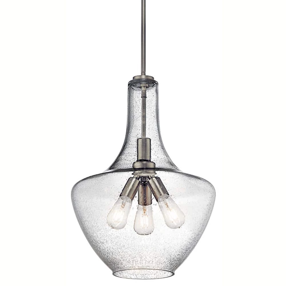 Everly 22.75 in. 3-Light Brushed Nickel Transitional Kitchen Bell Pendant Hanging Light with Clear Seeded Glass by KICHLER 5 Everly 22.75 in. 3-Light Brushed Nickel Transitional Kitchen Bell Pendant Hanging Light with Clear Seeded Glass by KICHLER - Image 3